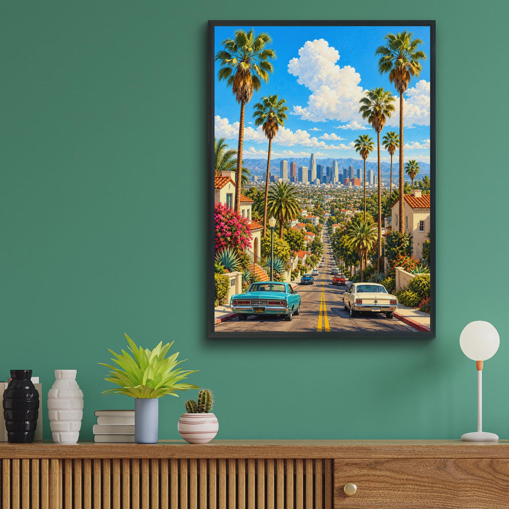 Retro Los Angeles Skyline Poster, Palm Trees, Classic Cars, California Home Decor