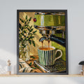 Oil Painting Style Espresso Machine Poster, Green Coffee Art, Kitchen Cafe Decor (A4 Print)