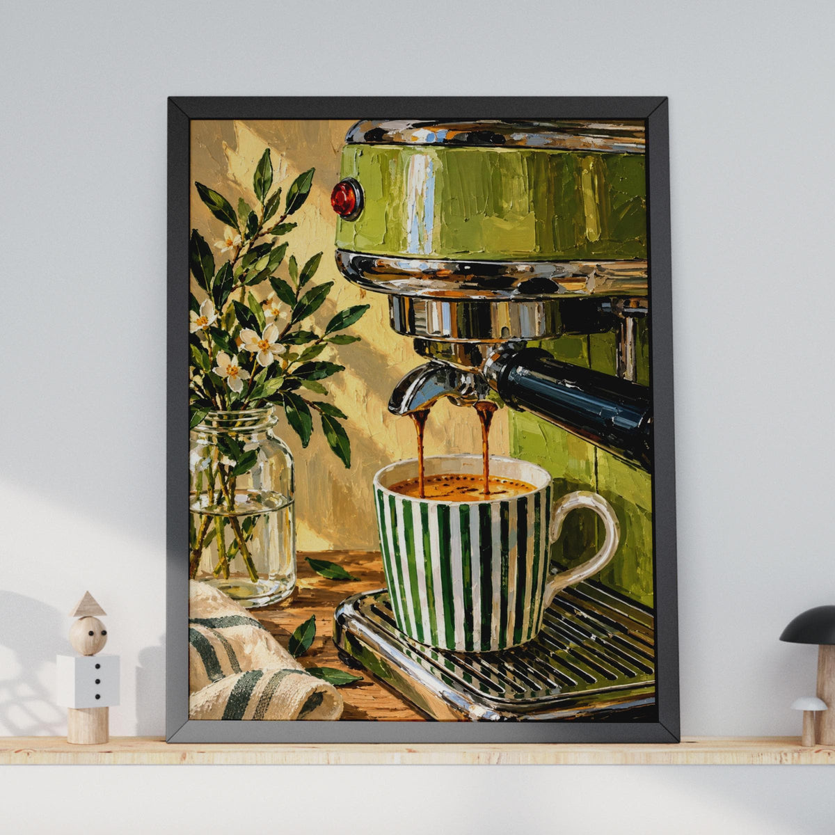 Oil Painting Style Espresso Machine Poster, Green Coffee Art, Kitchen Cafe Decor (A4 Print)