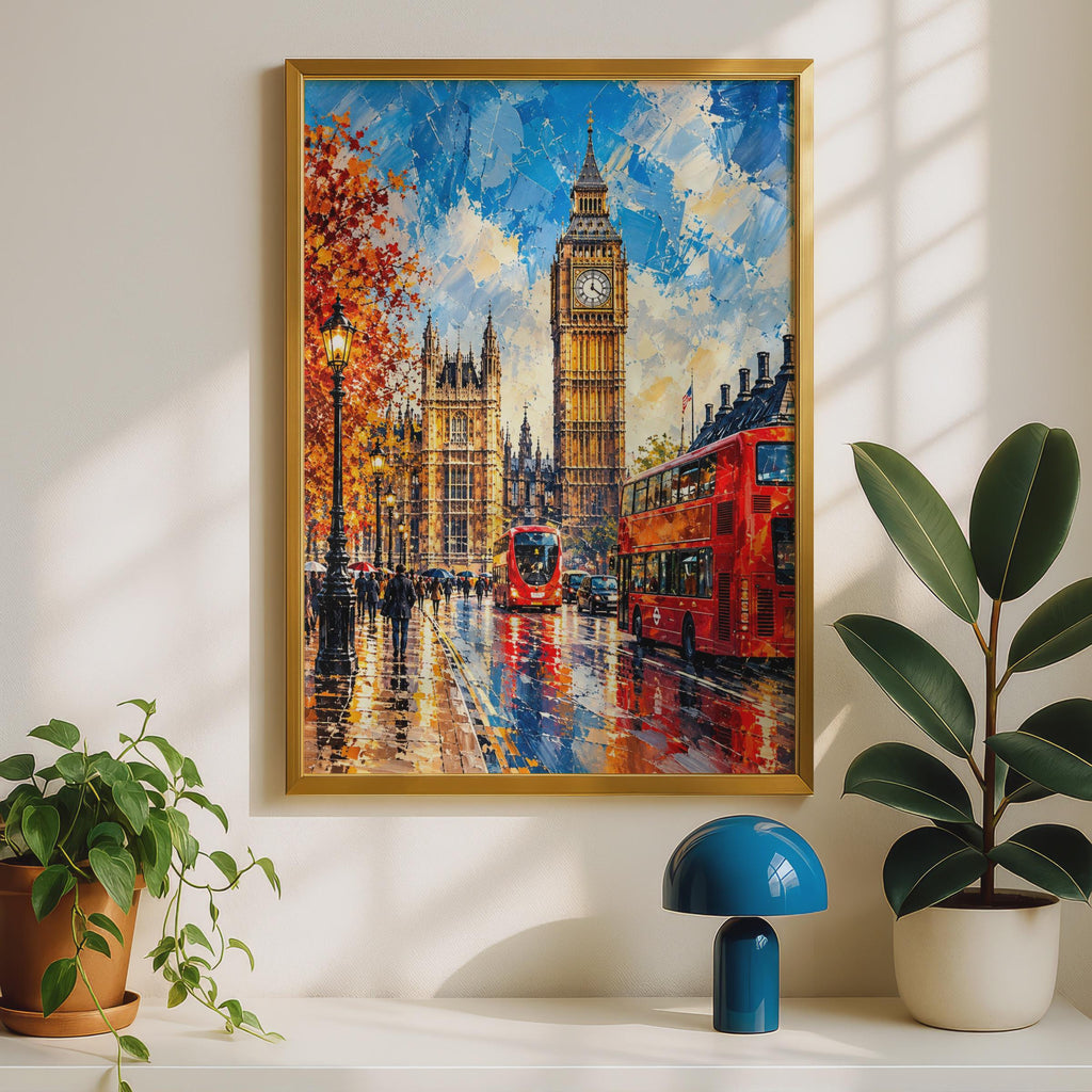London Big Ben Print, Red Bus, Autumn Street Scene, Oil Painting Style Poster