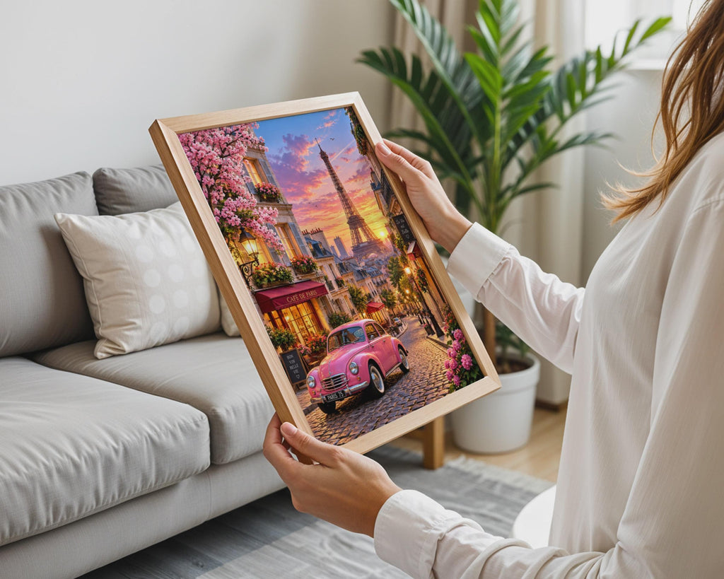 Paris Sunset Poster, Pink Car, Eiffel Tower, Cafe de Paris (Print)