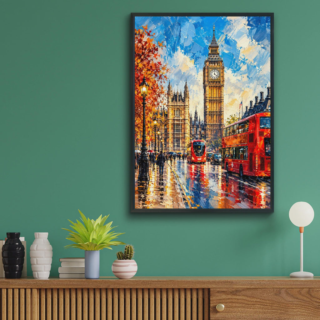 London Big Ben Print, Red Bus, Autumn Street Scene, Oil Painting Style Poster