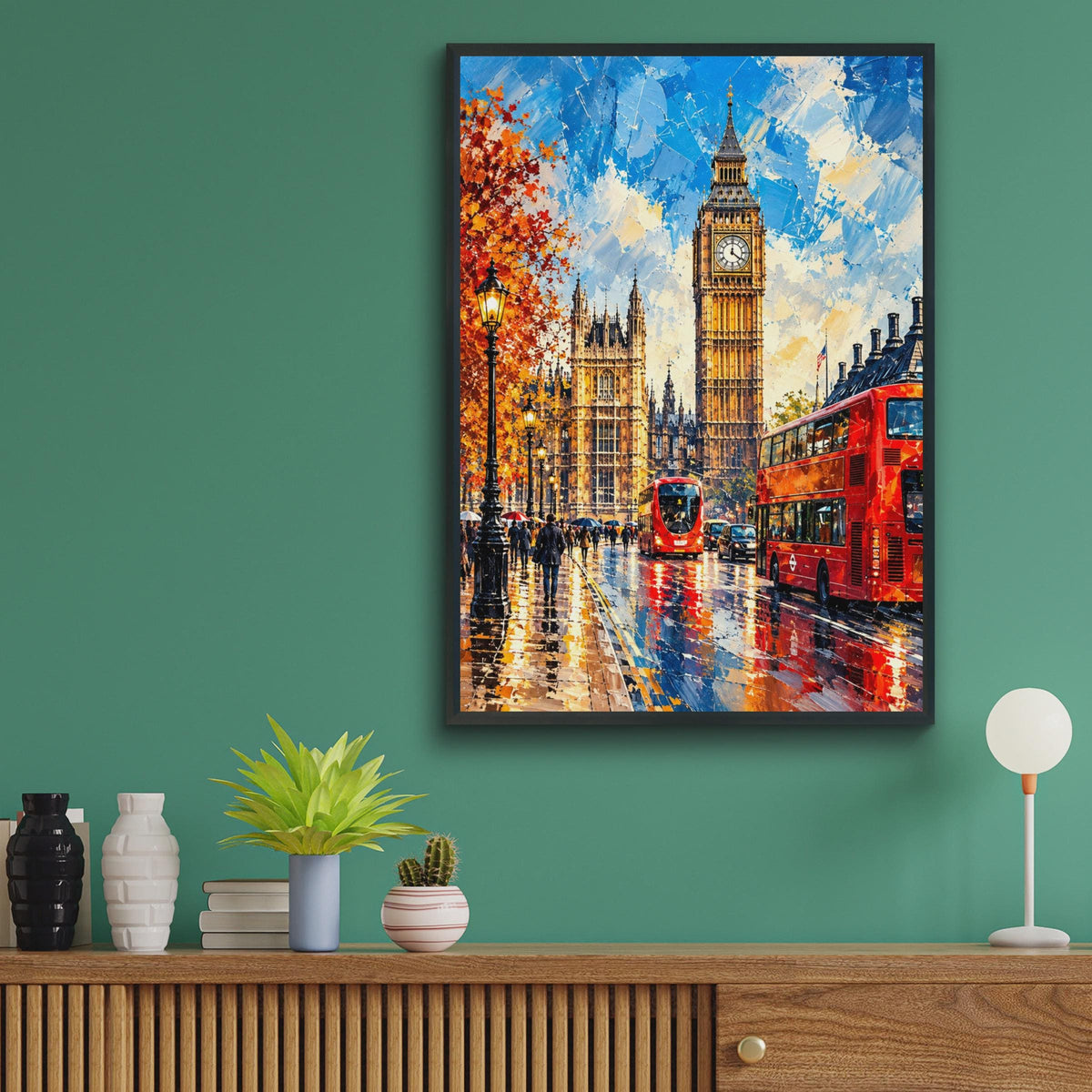 London Big Ben Print, Red Bus, Autumn Street Scene, Oil Painting Style Poster