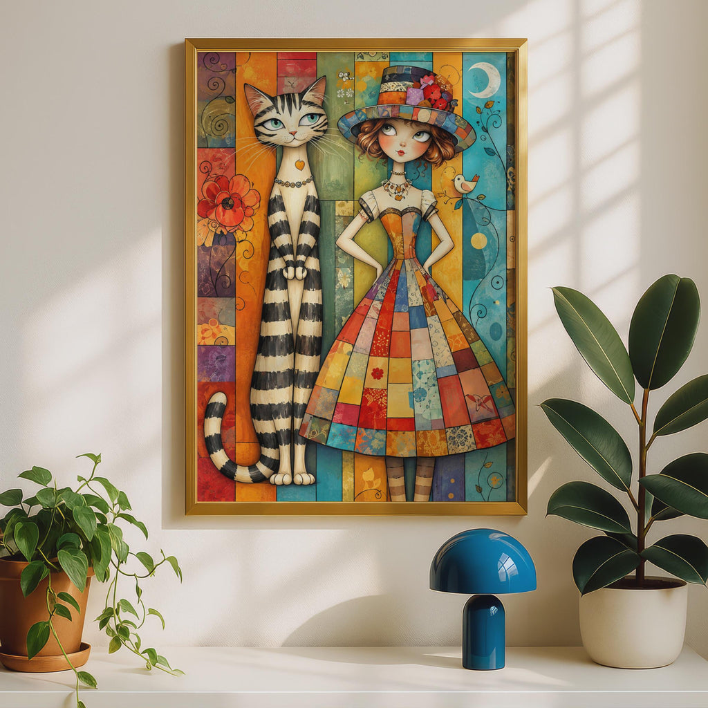 Whimsical Girl and Cat Folk Art Print, Patchwork Dress, Striped Cat, Boho Nursery Decor