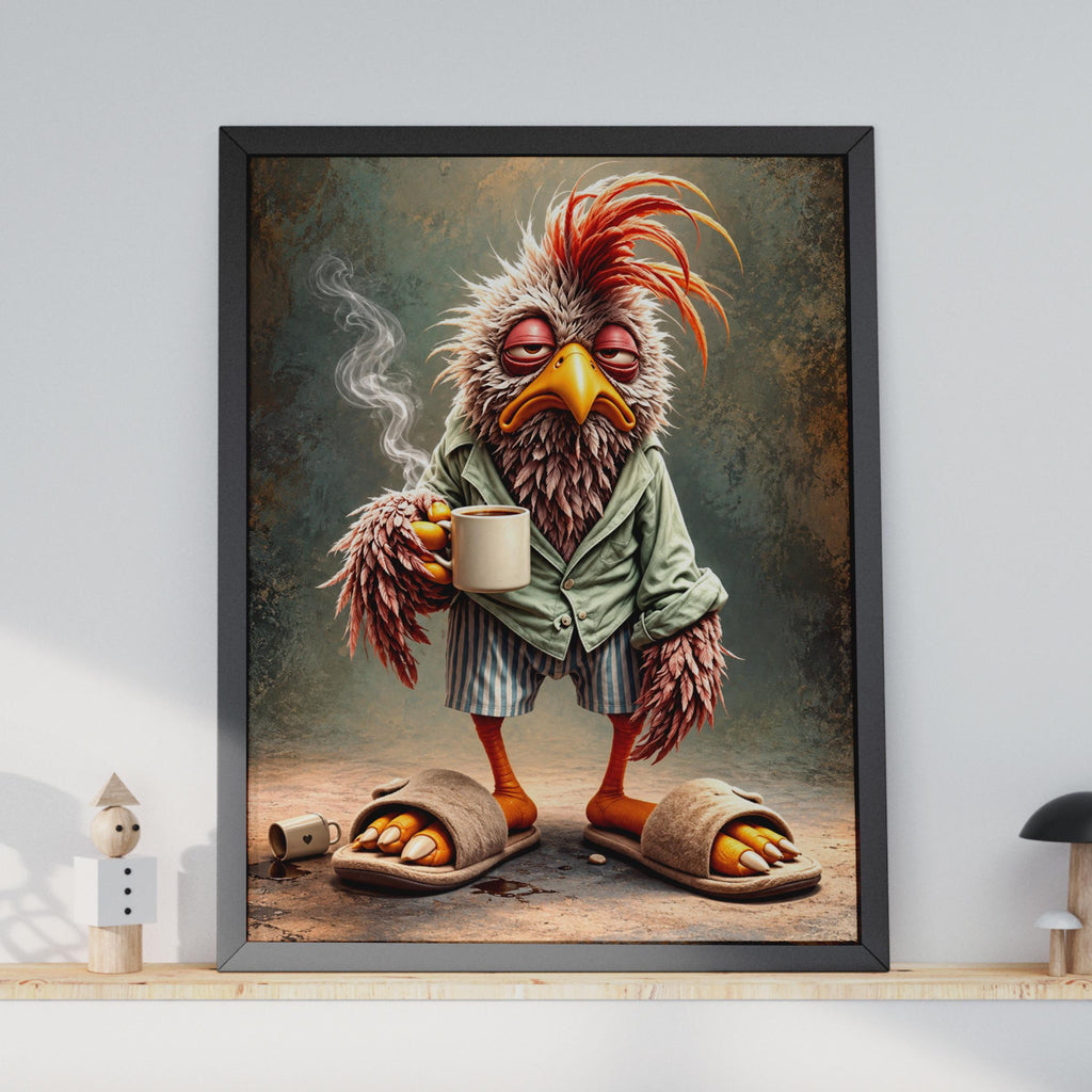 Grumpy Rooster Coffee Poster, Funny Kitchen Wall Art, Quirky Animal Decor (A4 Print)