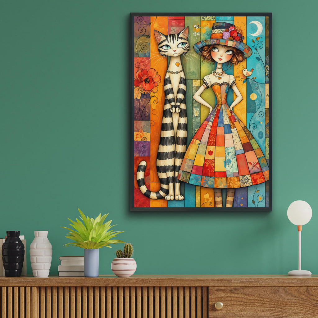 Whimsical Girl and Cat Folk Art Print, Patchwork Dress, Striped Cat, Boho Nursery Decor