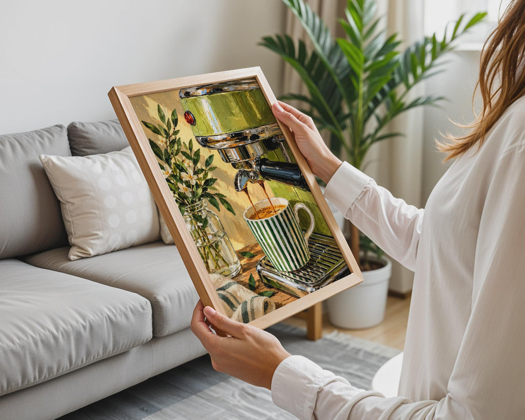 Oil Painting Style Espresso Machine Poster, Green Coffee Art, Kitchen Cafe Decor (A4 Print)