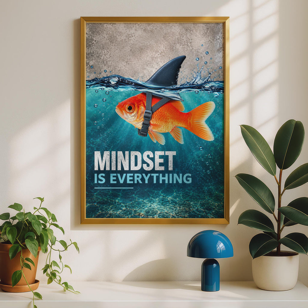 Mindset Is Everything Poster, Goldfish Shark Fin Wall Art, Motivational Quote Print (Physical)