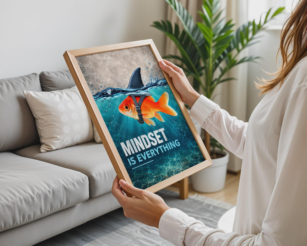 Mindset Is Everything Poster, Goldfish Shark Fin Wall Art, Motivational Quote Print (Physical)