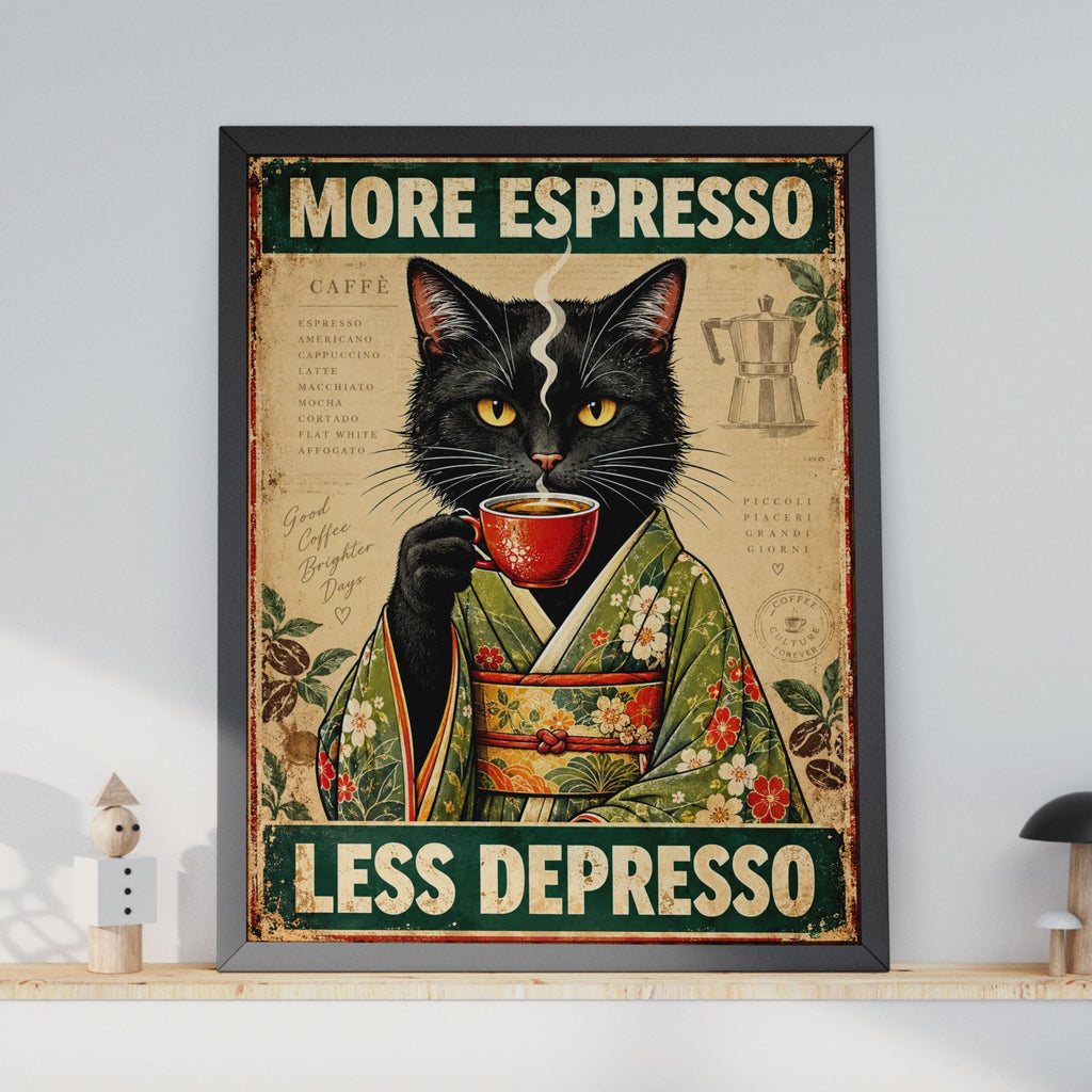 Vintage Black Cat Kimono Espresso Poster, Retro Coffee Art Print (Physical)