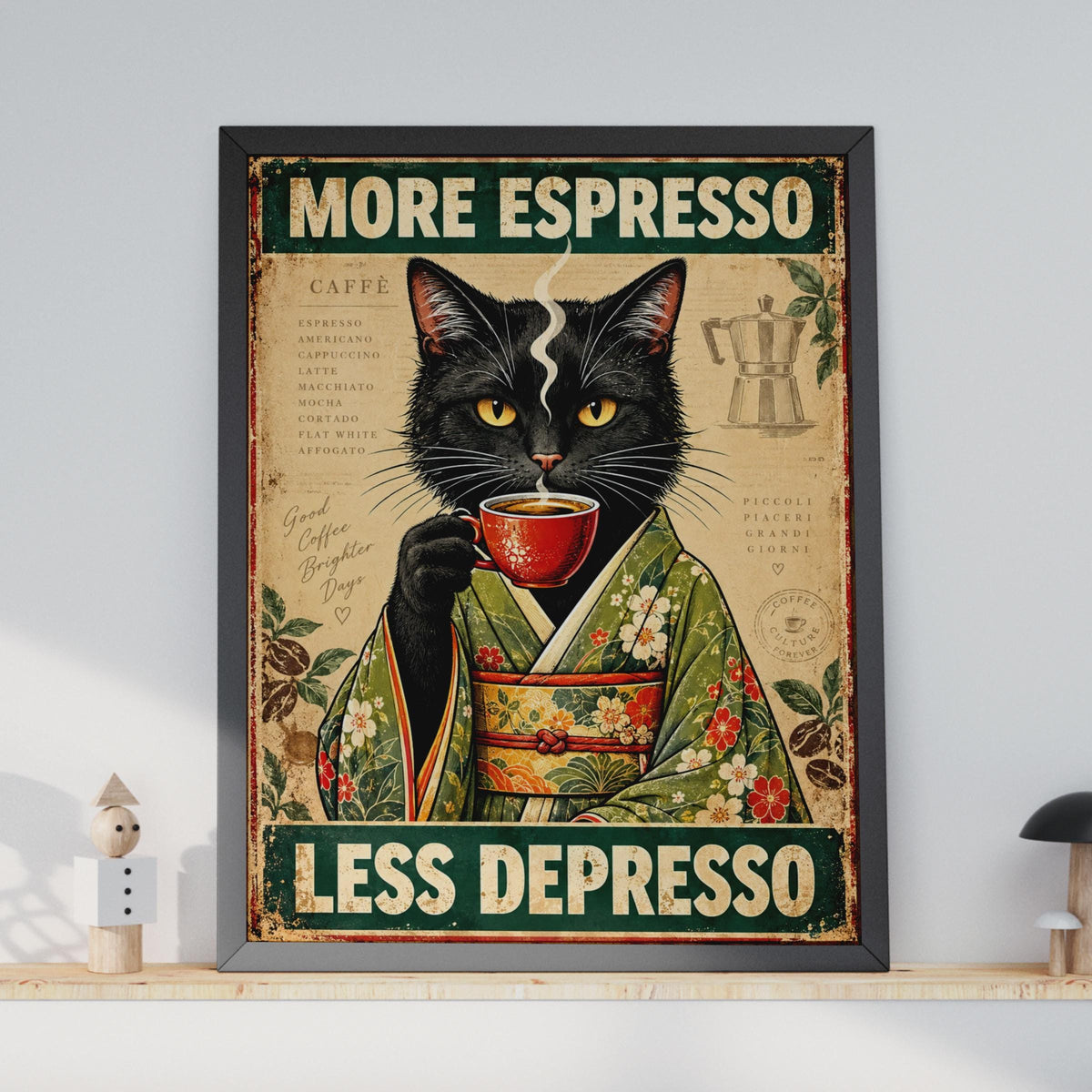 Vintage Black Cat Kimono Espresso Poster, Retro Coffee Art Print (Physical)
