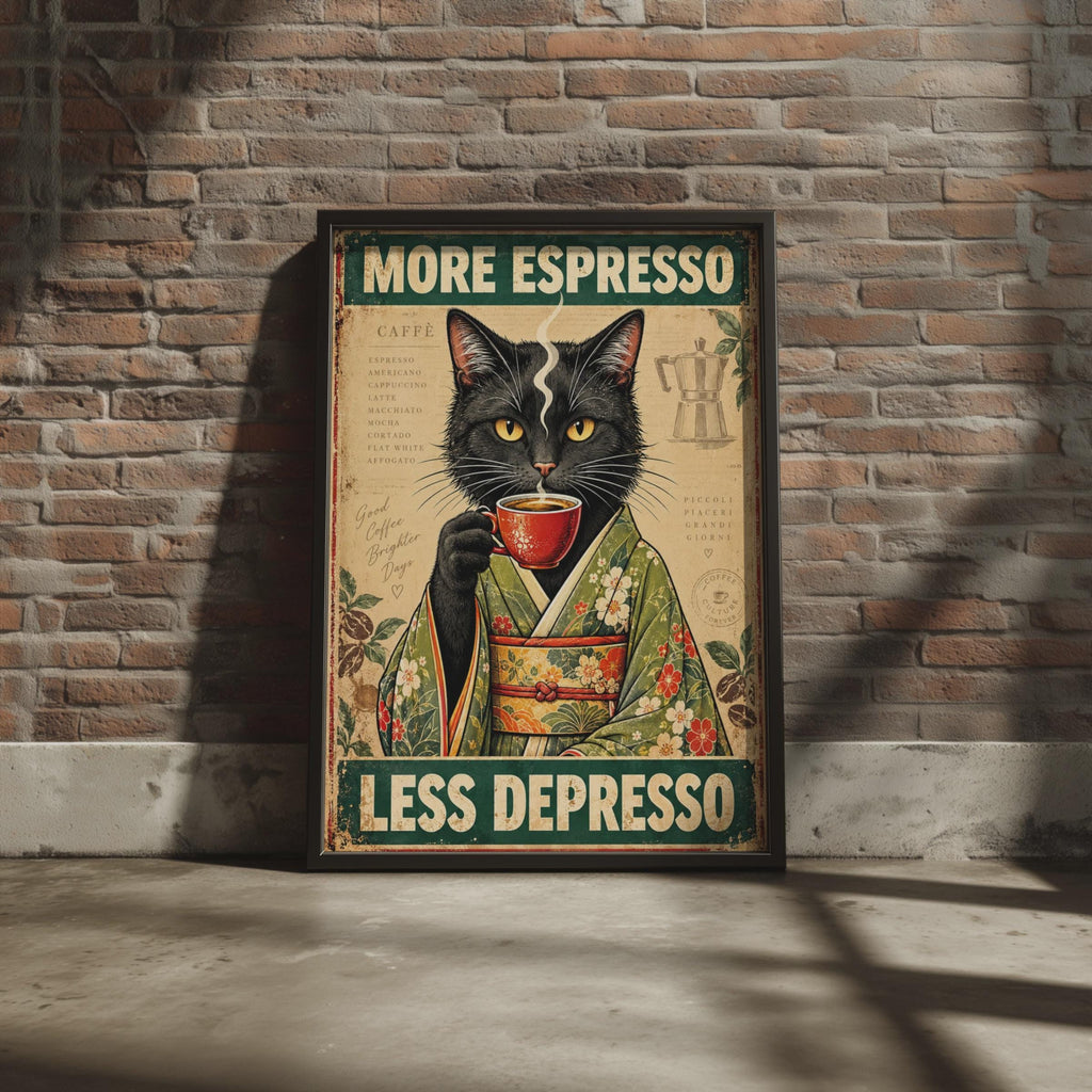 Vintage Black Cat Kimono Espresso Poster, Retro Coffee Art Print (Physical)