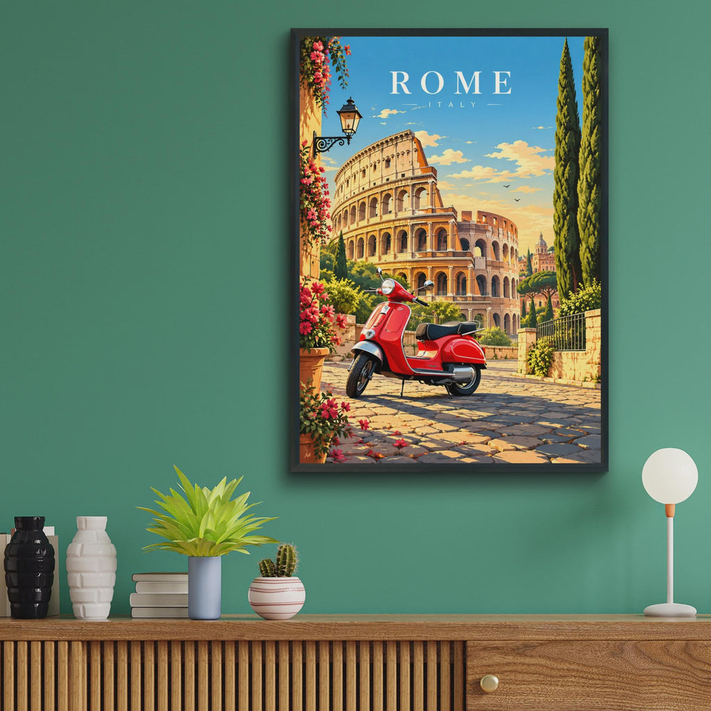 Rome Italy Travel Poster, Colosseum, Red Scooter, Mediterranean Home Decor (Printed Poster)