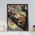 Japanese Woodblock Style Calico Cat Cherry Blossom Poster, Botanical Animal Art (A4)