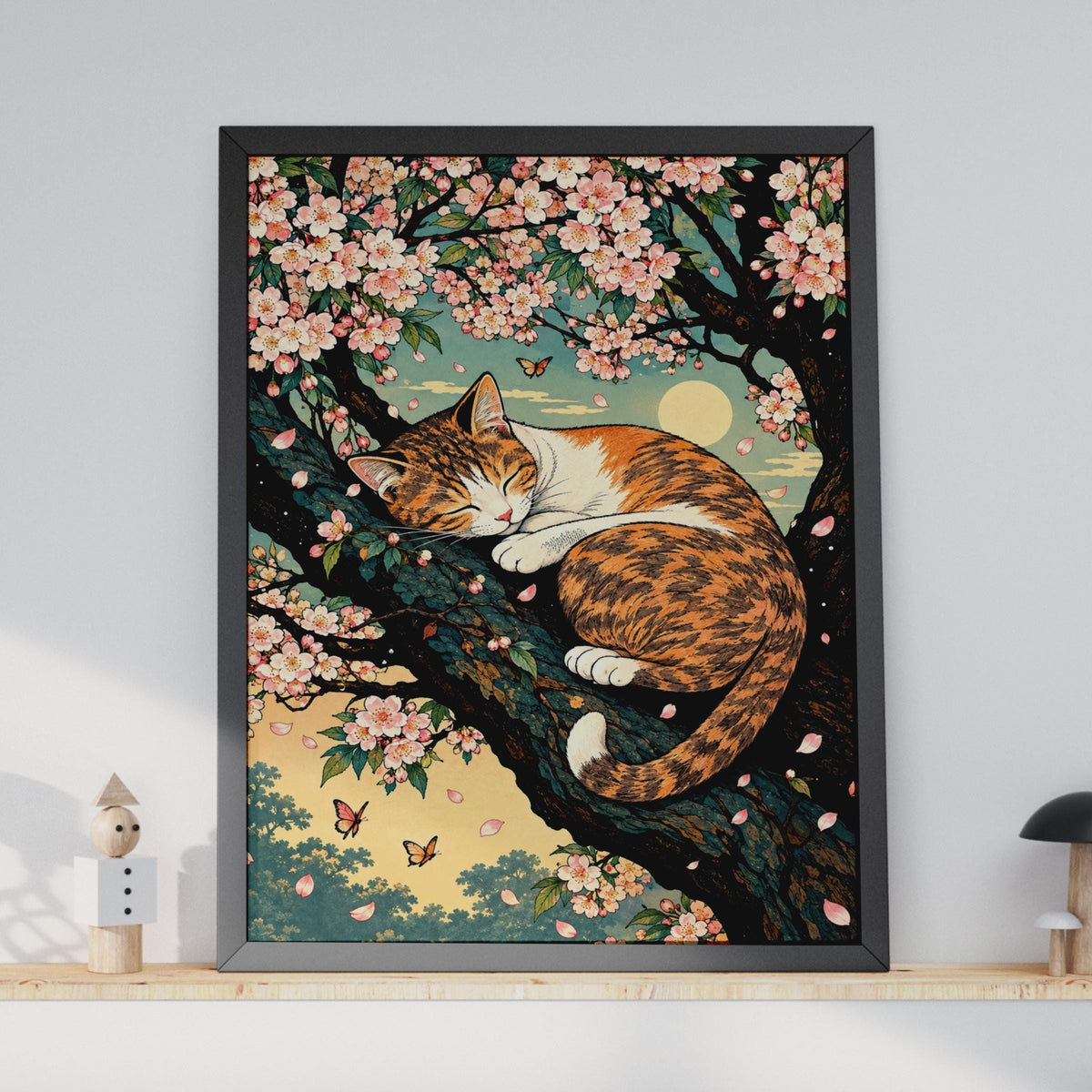 Japanese Woodblock Style Calico Cat Cherry Blossom Poster, Botanical Animal Art (A4)