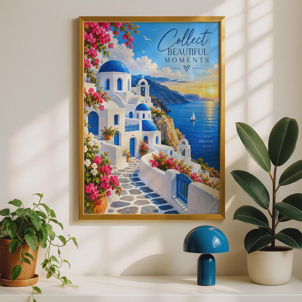 Santorini Greek Island Wall Art Print, Blue Dome Church, Mediterranean Sunset (A4)
