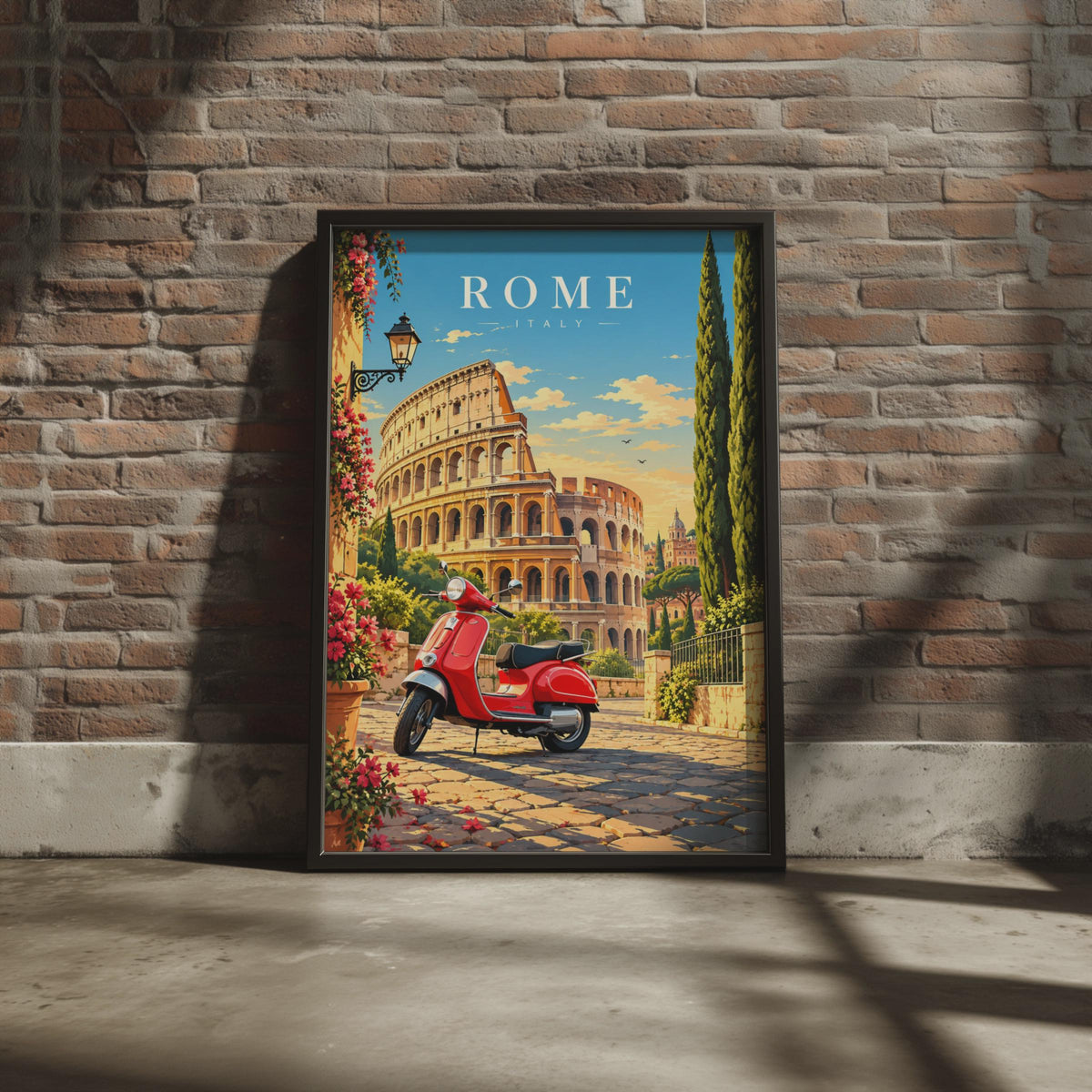 Rome Italy Travel Poster, Colosseum, Red Scooter, Mediterranean Home Decor (Printed Poster)