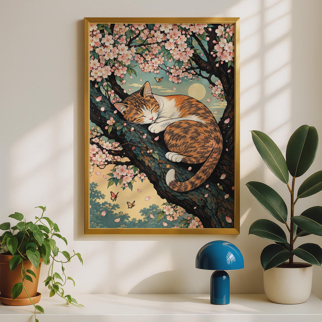 Japanese Woodblock Style Calico Cat Cherry Blossom Poster, Botanical Animal Art (A4)