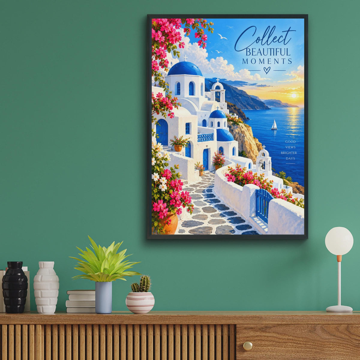 Santorini Greek Island Wall Art Print, Blue Dome Church, Mediterranean Sunset (A4)