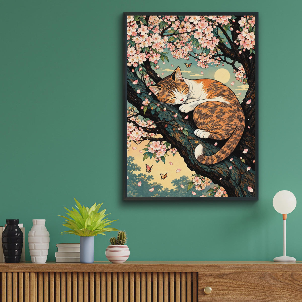 Japanese Woodblock Style Calico Cat Cherry Blossom Poster, Botanical Animal Art (A4)