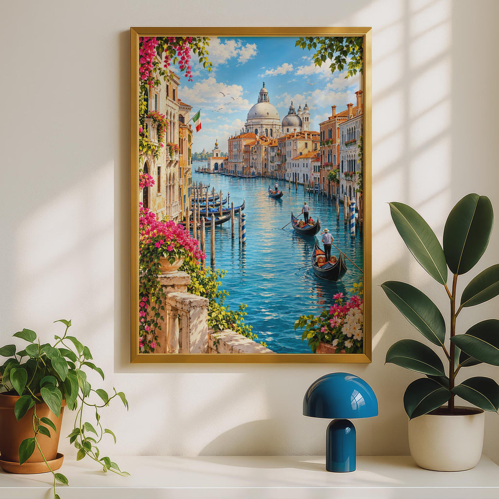 Venice Grand Canal Poster, Gondola Scene, Santa Maria della Salute, Italian Travel Art Print