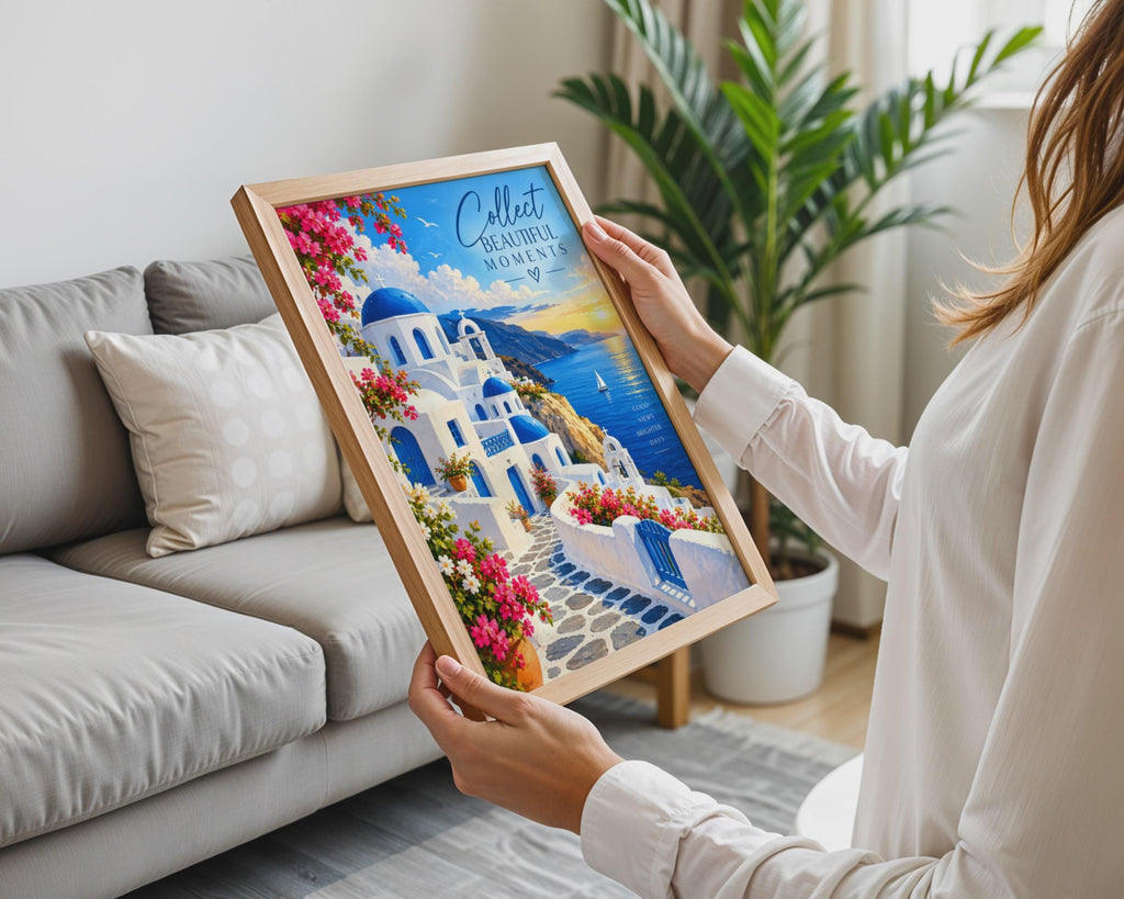 Santorini Greek Island Wall Art Print, Blue Dome Church, Mediterranean Sunset (A4)