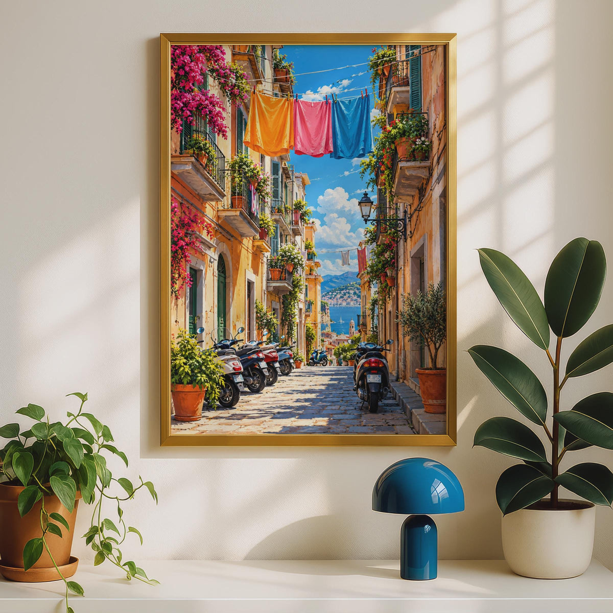 Mediterranean Alley Art Print, Colorful Italian Street, Bougainvillea Wall Decor (Digital Download)