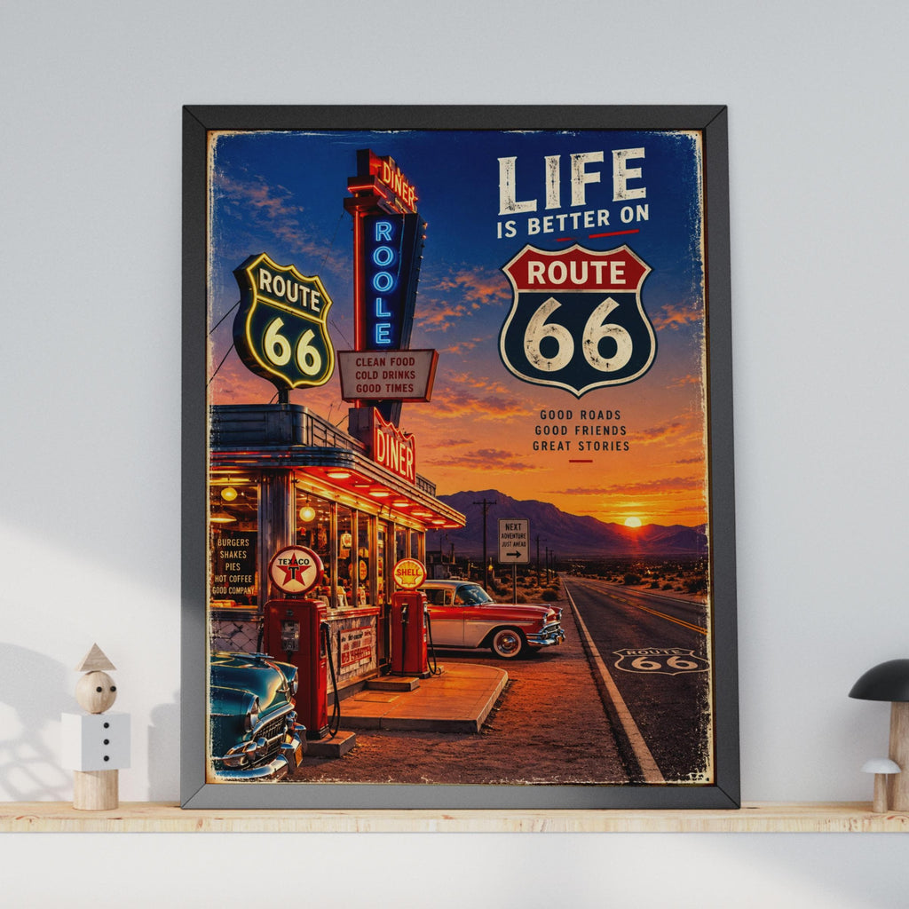 Route 66 Retro Diner Poster, Neon Sign, Classic Cars, Desert Sunset (Printed Poster)