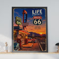 Route 66 Retro Diner Poster, Neon Sign, Classic Cars, Desert Sunset (Printed Poster)