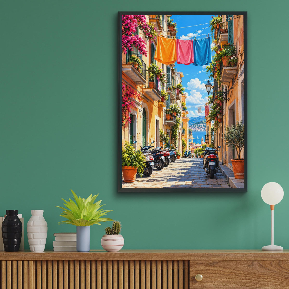 Mediterranean Alley Art Print, Colorful Italian Street, Bougainvillea Wall Decor (Digital Download)