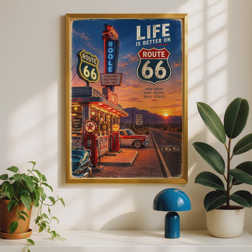 Route 66 Retro Diner Poster, Neon Sign, Classic Cars, Desert Sunset (Printed Poster)