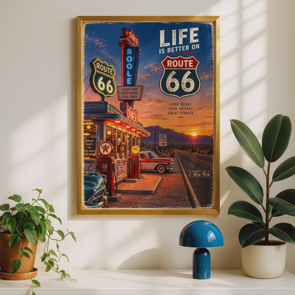 Route 66 Retro Diner Poster, Neon Sign, Classic Cars, Desert Sunset (Printed Poster)