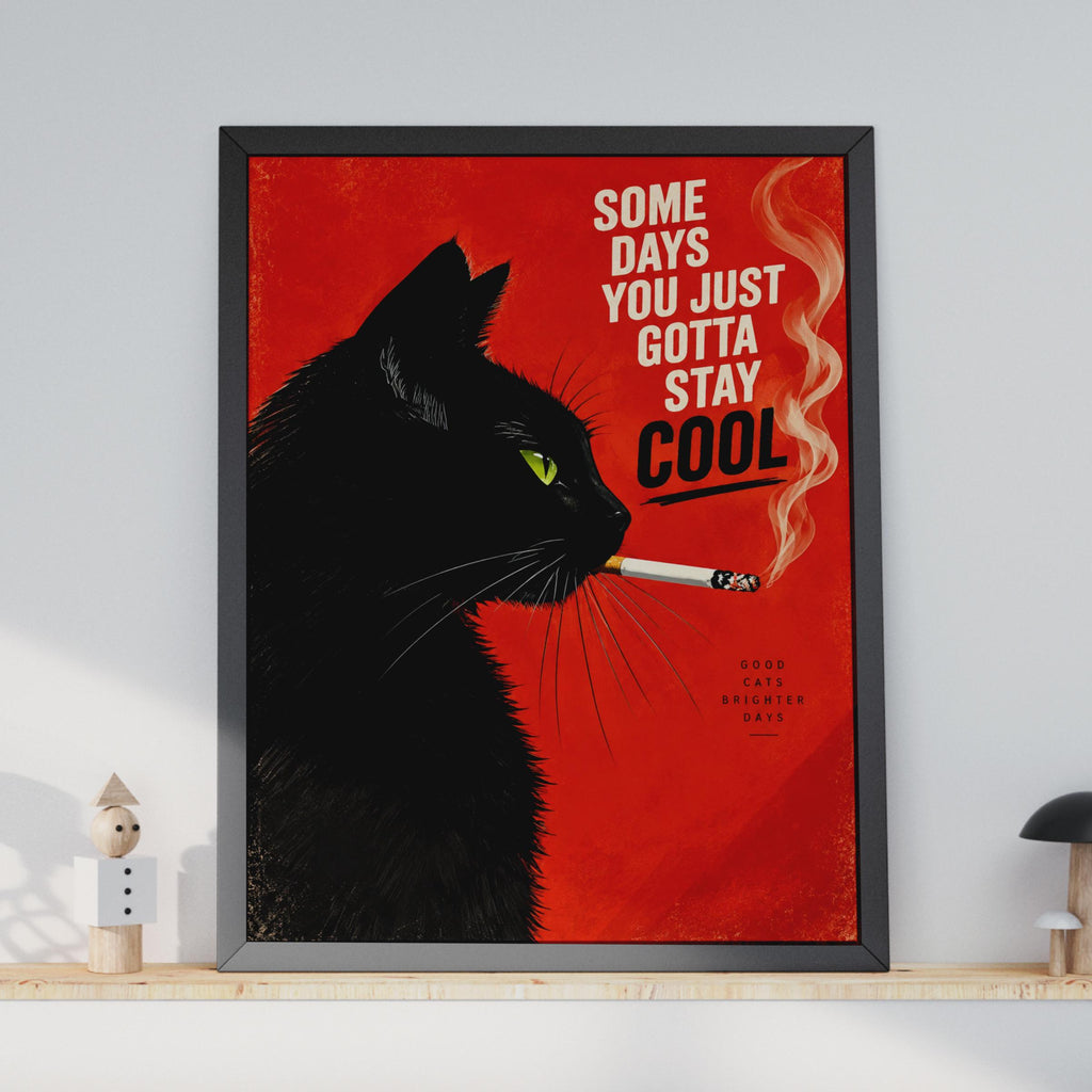 Retro Black Cat Poster, Bold Red Background, Vintage Style Print (A4)