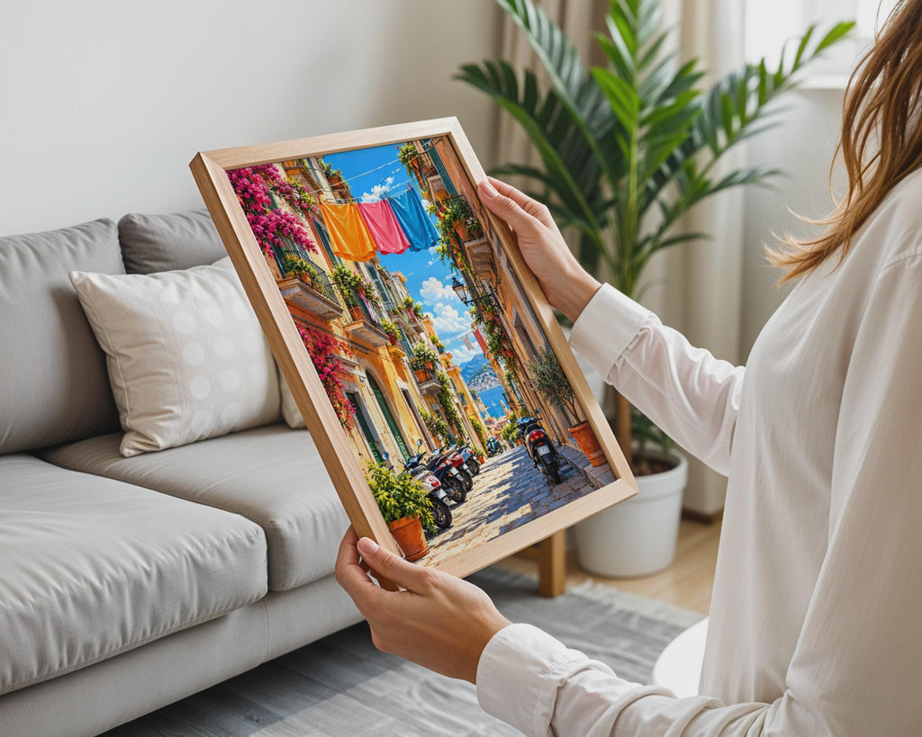 Mediterranean Alley Art Print, Colorful Italian Street, Bougainvillea Wall Decor (Digital Download)
