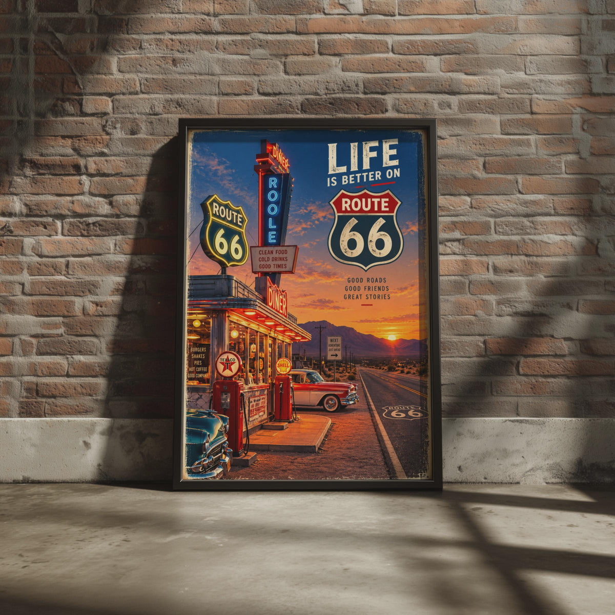Route 66 Retro Diner Poster, Neon Sign, Classic Cars, Desert Sunset (Printed Poster)