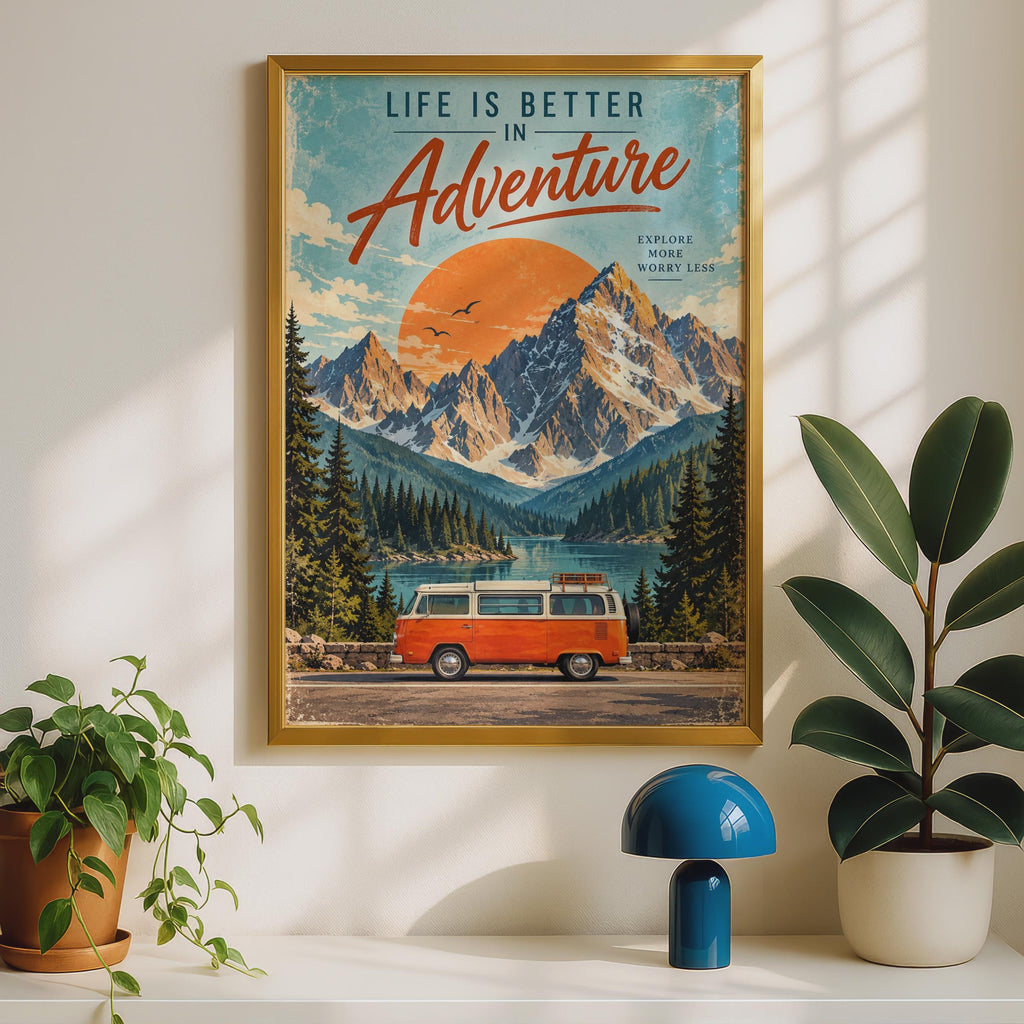 Retro Adventure Van Poster, Alpine Lake Travel Art, Vintage Campervan Print (Ready to Frame)