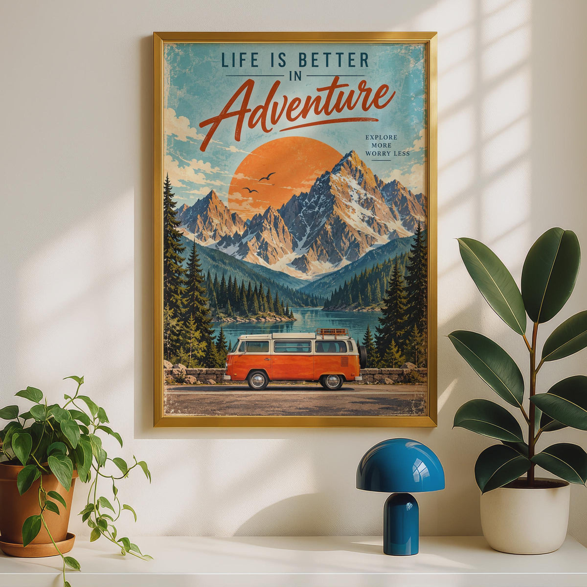 Retro Adventure Van Poster, Alpine Lake Travel Art, Vintage Campervan Print (Ready to Frame)