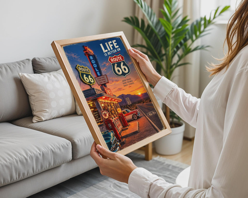Route 66 Retro Diner Poster, Neon Sign, Classic Cars, Desert Sunset (Printed Poster)