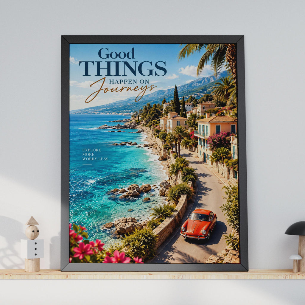 Mediterranean Coast Travel Poster, Red Car, Vintage Villa Art (Print)