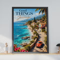 Mediterranean Coast Travel Poster, Red Car, Vintage Villa Art (Print)