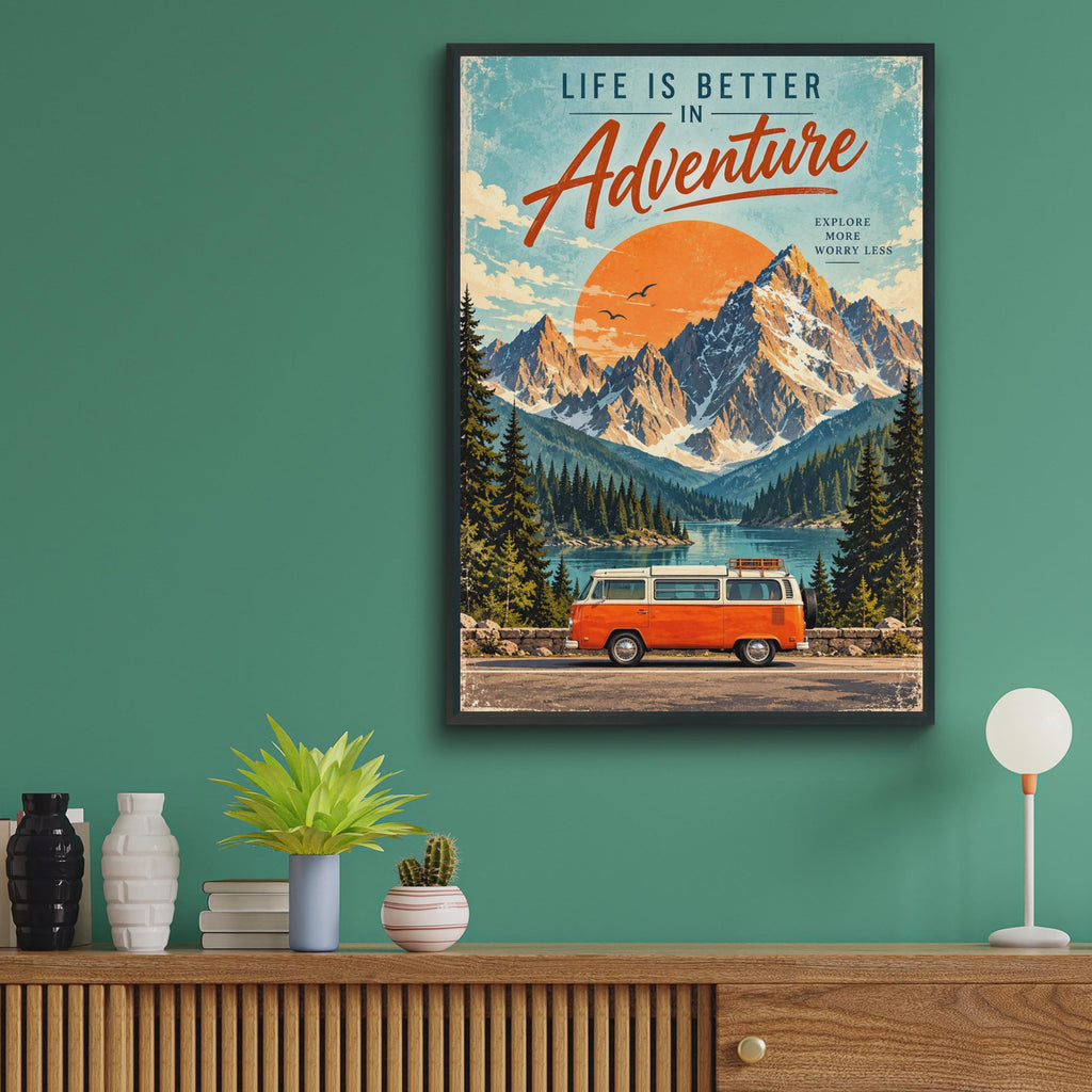 Retro Adventure Van Poster, Alpine Lake Travel Art, Vintage Campervan Print (Ready to Frame)