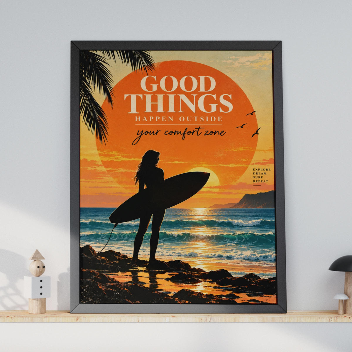 Vintage Surf Girl Sunset Poster, Motivational Beach Art Print (A4)