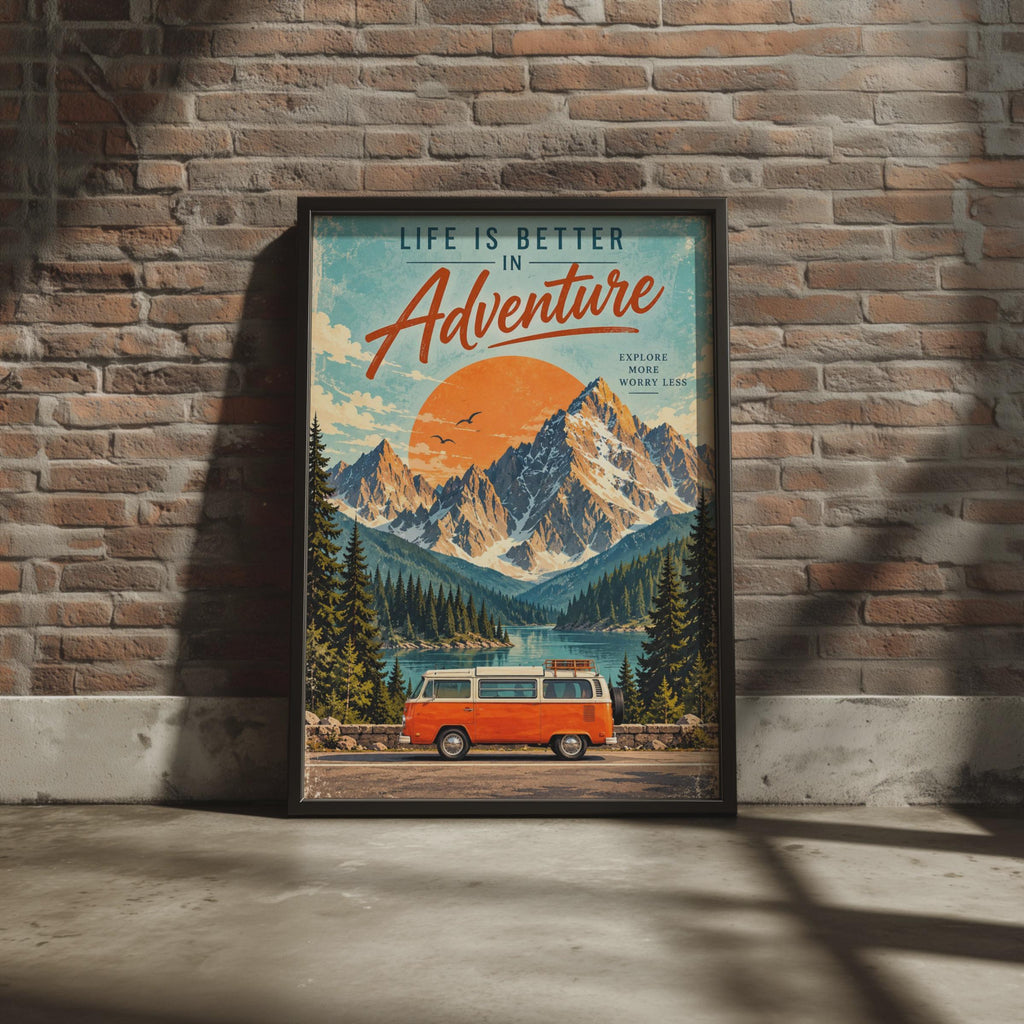 Retro Adventure Van Poster, Alpine Lake Travel Art, Vintage Campervan Print (Ready to Frame)