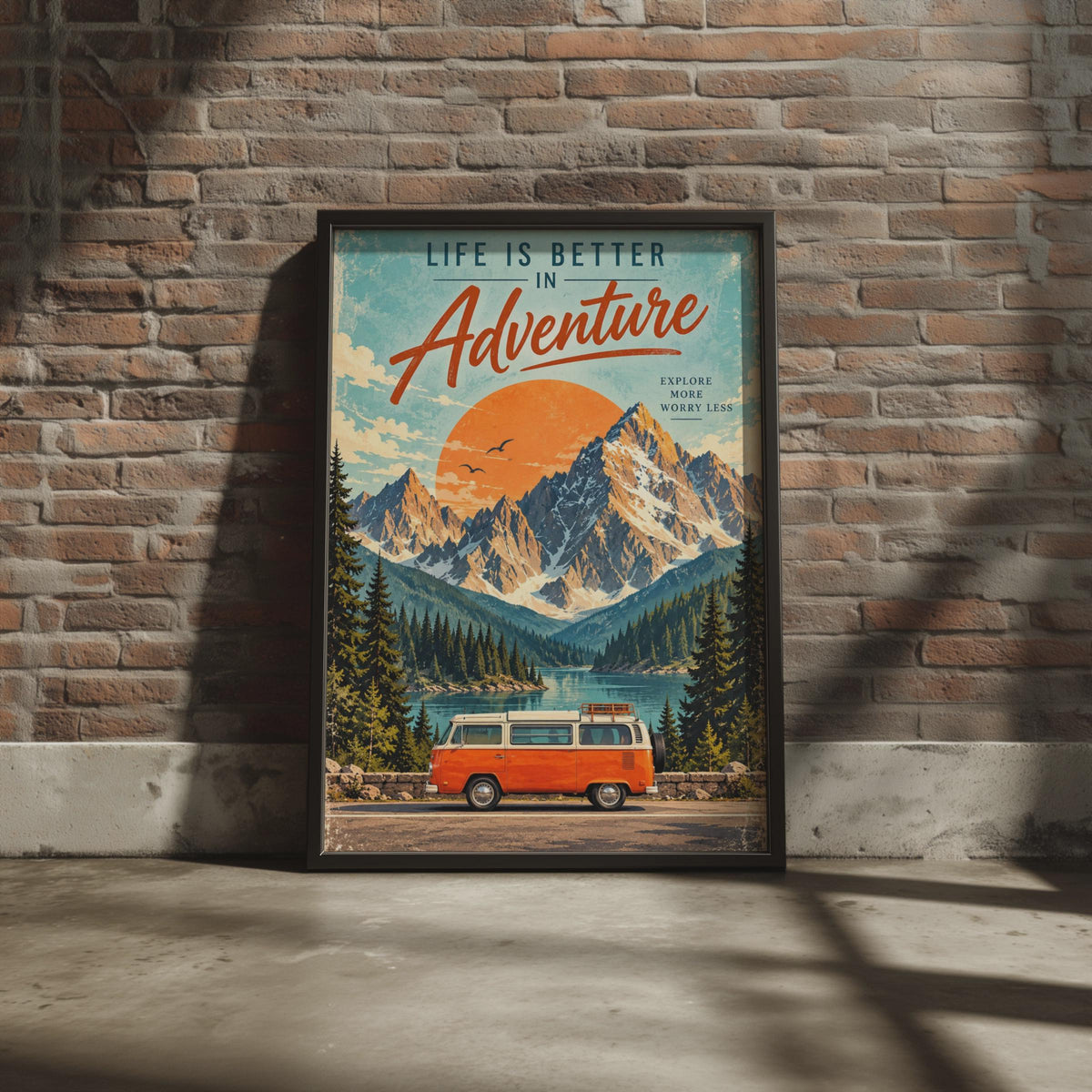 Retro Adventure Van Poster, Alpine Lake Travel Art, Vintage Campervan Print (Ready to Frame)