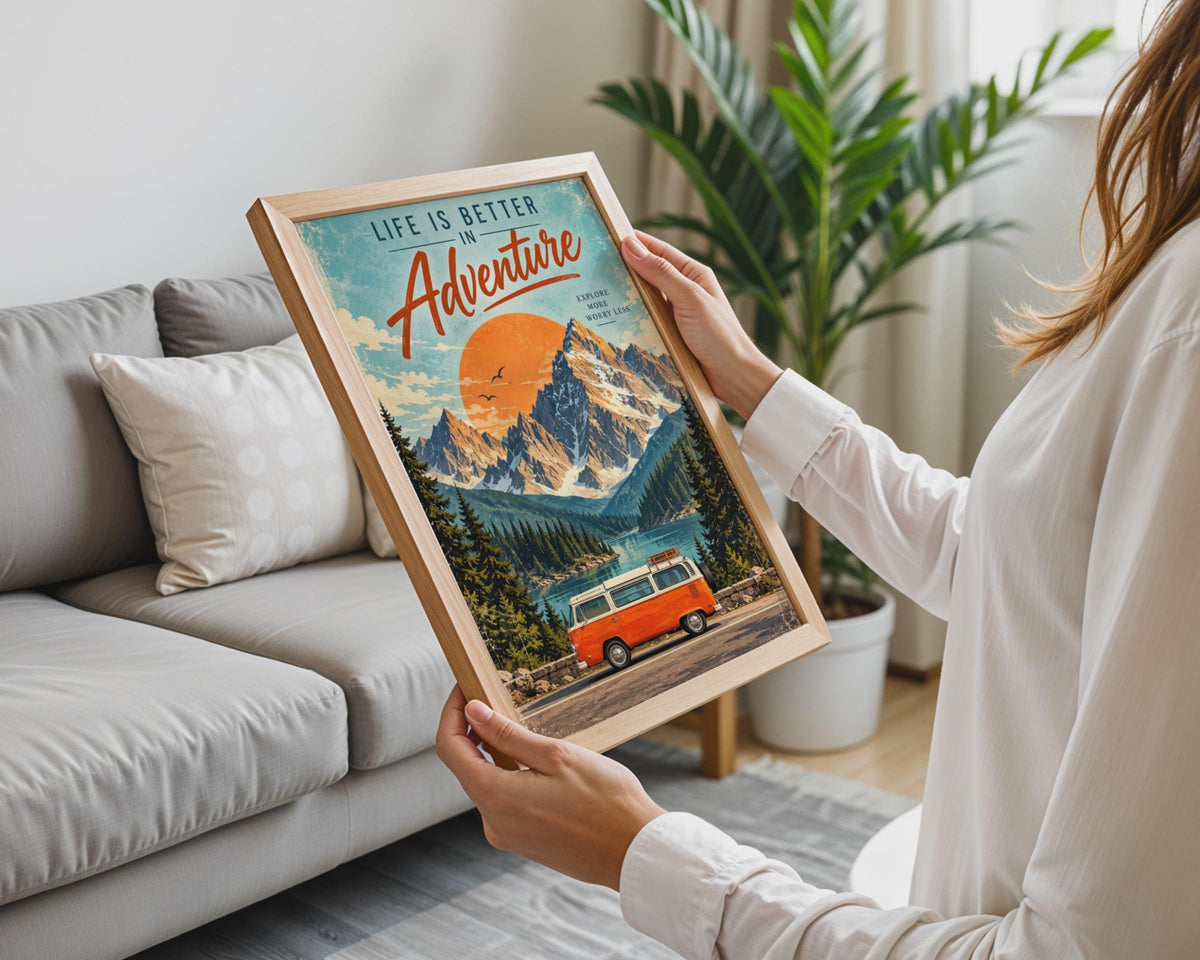Retro Adventure Van Poster, Alpine Lake Travel Art, Vintage Campervan Print (Ready to Frame)