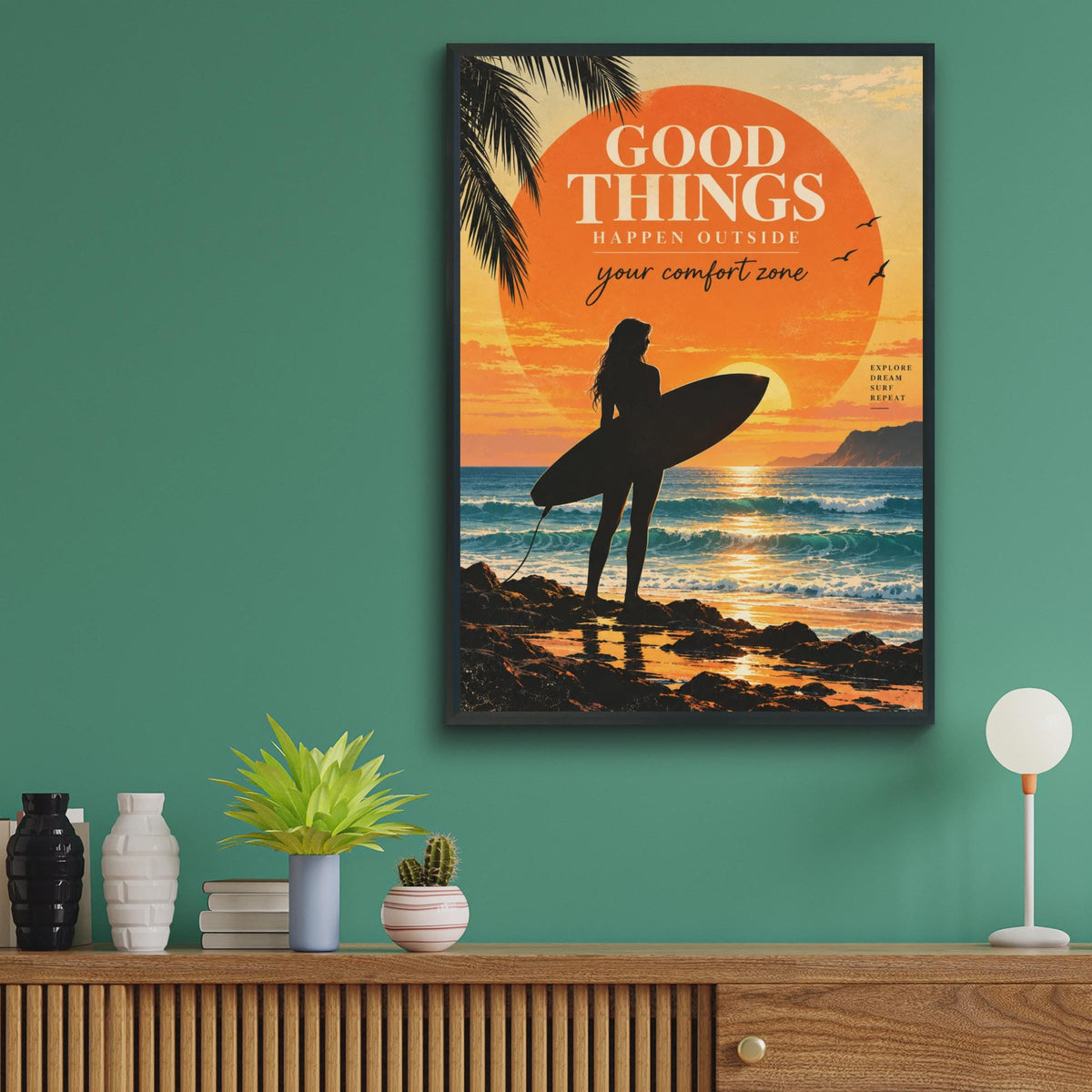 Vintage Surf Girl Sunset Poster, Motivational Beach Art Print (A4)