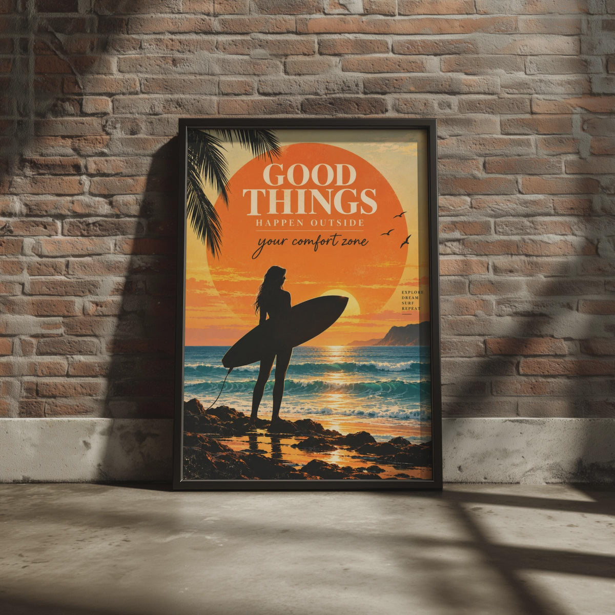 Vintage Surf Girl Sunset Poster, Motivational Beach Art Print (A4)