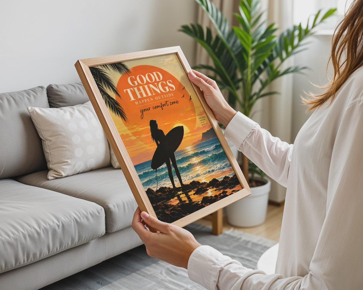 Vintage Surf Girl Sunset Poster, Motivational Beach Art Print (A4)