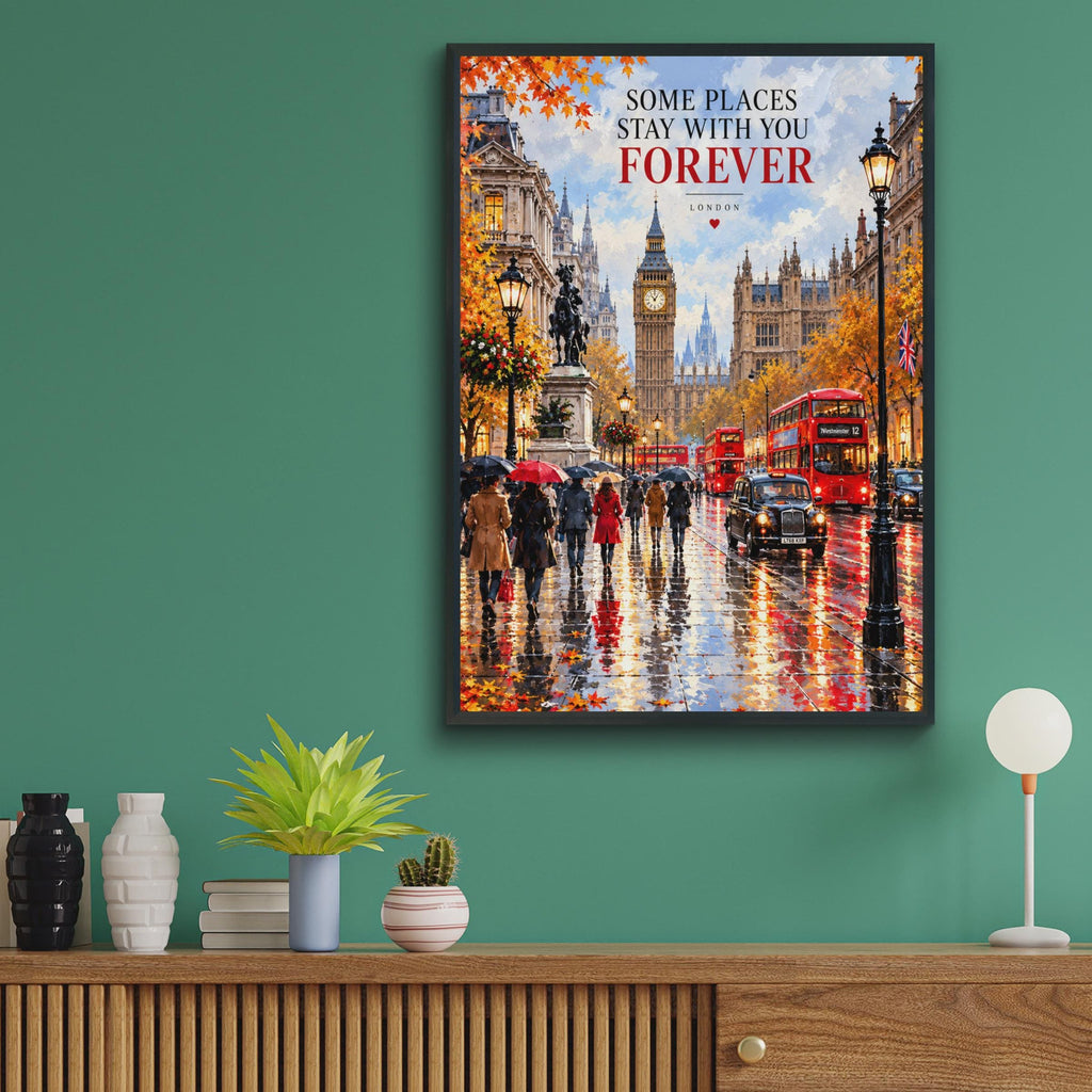 London Street Scene Print, Big Ben, Red Bus, Autumn Rain (Poster)