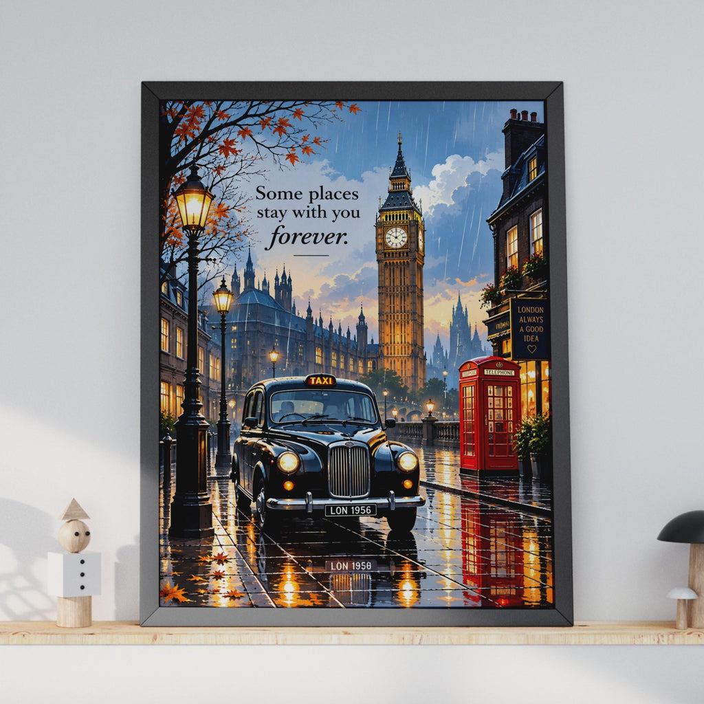 London Street Scene Poster, Black Taxi, Big Ben, Red Phone Box (A4)